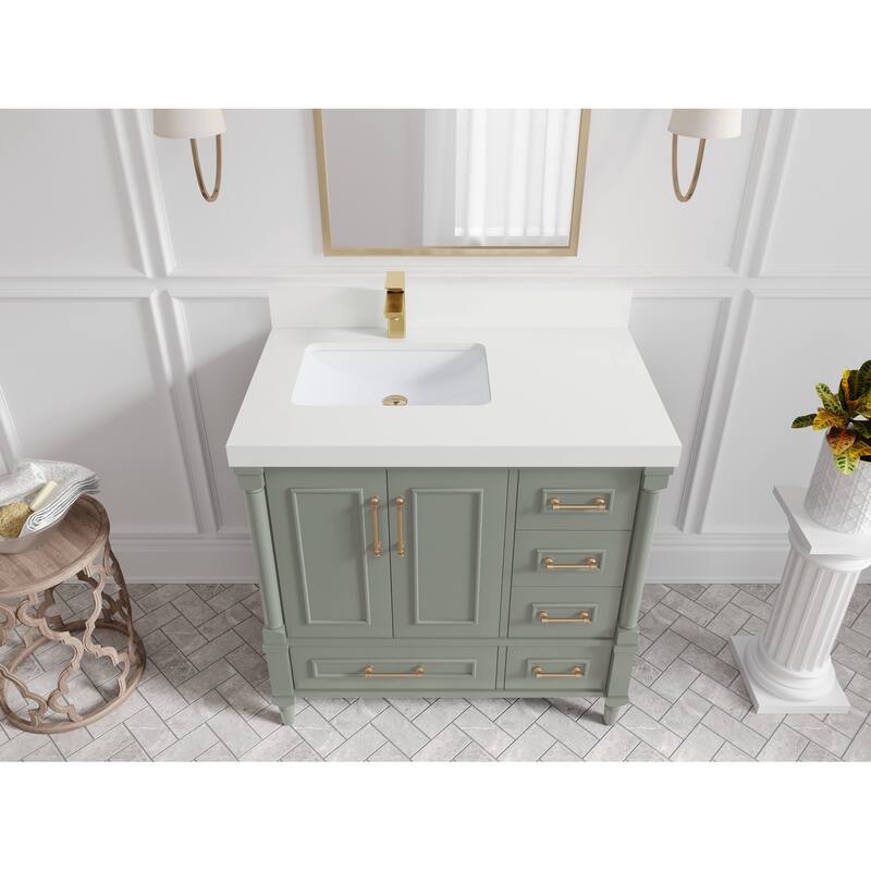 Willow Collections 36 in. W x 22 in. D Aberdeen Left Offset Sink Bathroom Vanity with Countertop - 2" White Quartz - Evergreen