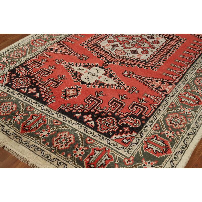 Geometric Viss Indian Area Rug Hand-Knotted Orange Wool Carpet - 6'0" x 9'0"