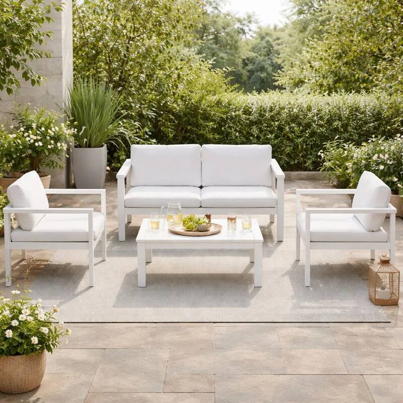 Kili 4 Piece Outdoor Sofa, Chairs, and Table Set, Crisp White Aluminum