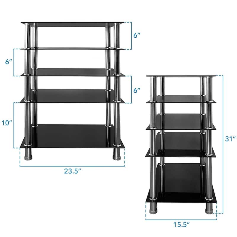 Mount-It! Tempered Glass AV Component Media Stand, Audio Tower and Media Center with 5 Shelves - Black