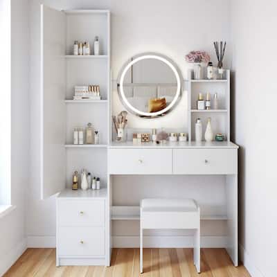 Makeup Vanity Set with Full Body Mirror Cabinet, 17" LED Mirror, Touch Control, Large Storage and Stool Included
