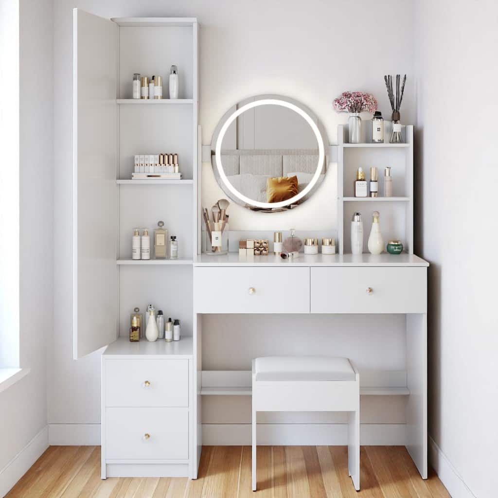 Makeup Vanity Set with Full Body Mirror Cabinet, 17" LED Mirror, Touch Control, Large Storage and Stool Included