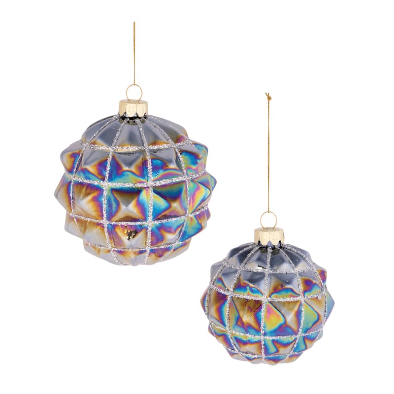 Iridescent Glass Textured Ball Ornaments Set of 6 Glitter Accents - 4” x 4” x 4” (L x W x H) - Blue/Grey