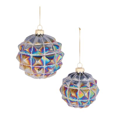 Iridescent Glass Textured Ball Ornaments Set of 6 Glitter Accents - 4” x 4” x 4” (L x W x H)