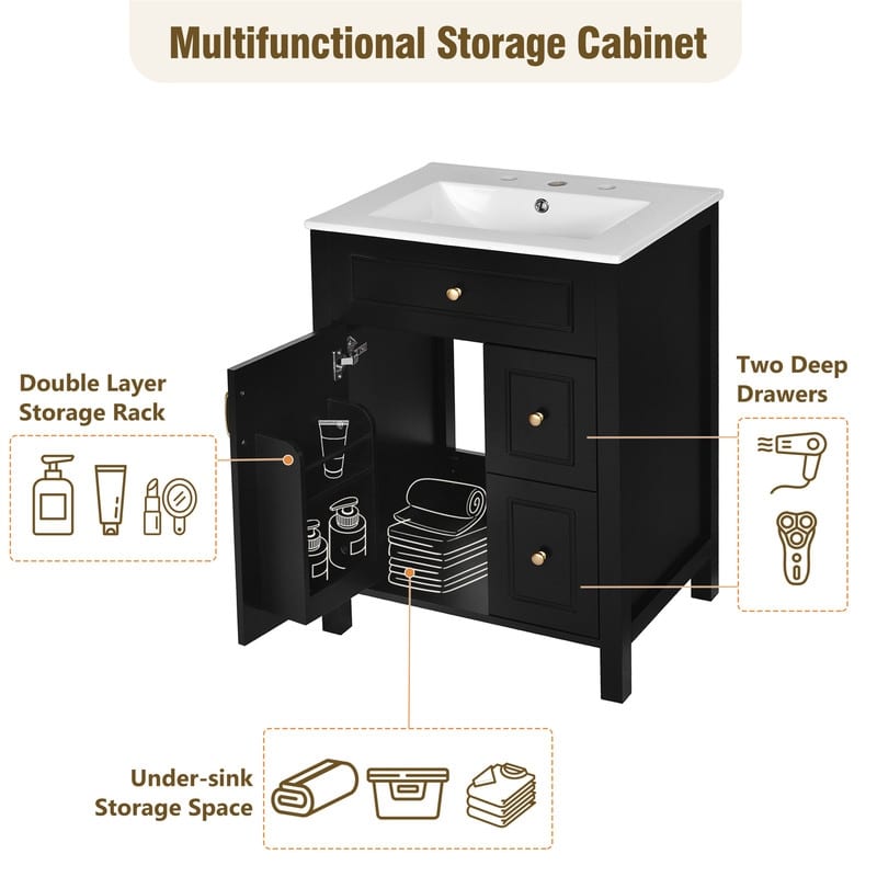 24'' Bathroom Vanity w/ Ceramic Sink Top, Modern Bathroom Vanity Cabinet w/ 1 Soft Close Door, 2 Soft Close Drawers & Door Racks
