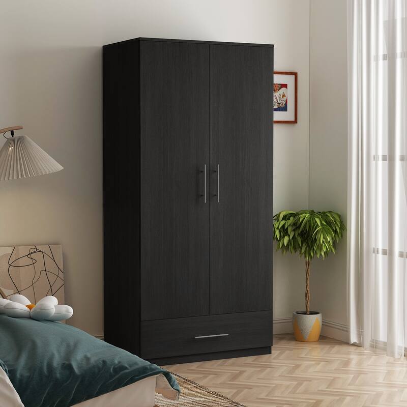 31.5" Freestanding Wardrobe Closet with Drawer, 2 Door Armoire with Hanging Rod, Modern Bedroom Storage Cabinet, Black/White