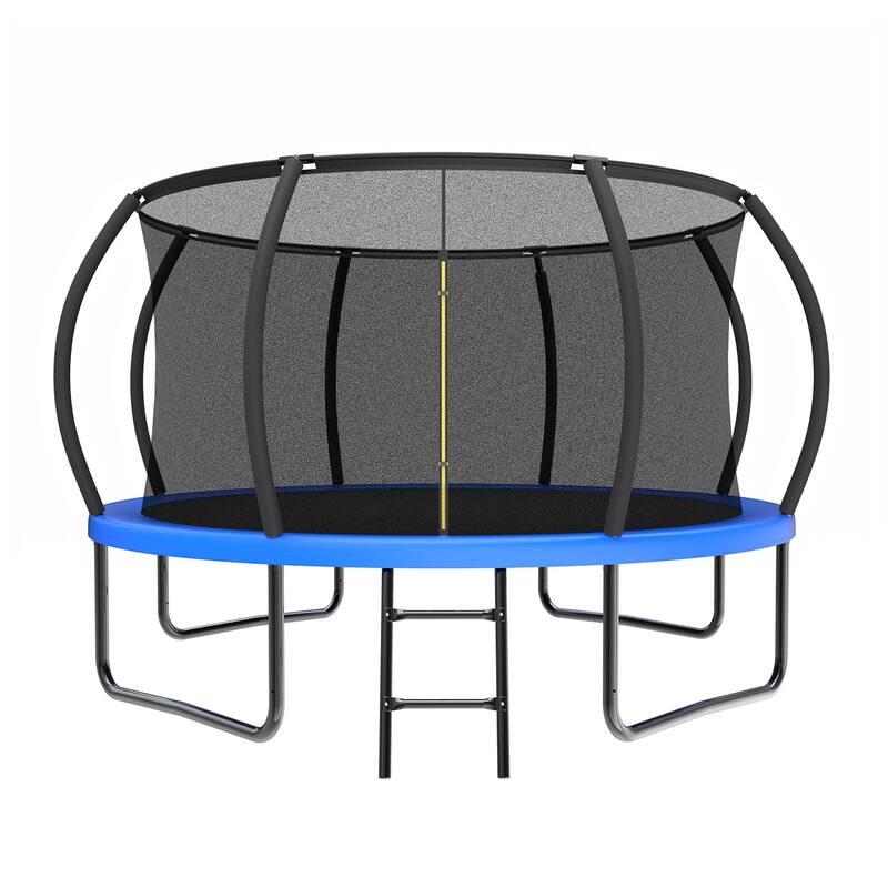 12FT Recreational Kids Trampoline with Safety Enclosure Net & Ladder, Outdoor Recreational Trampolines - Blue