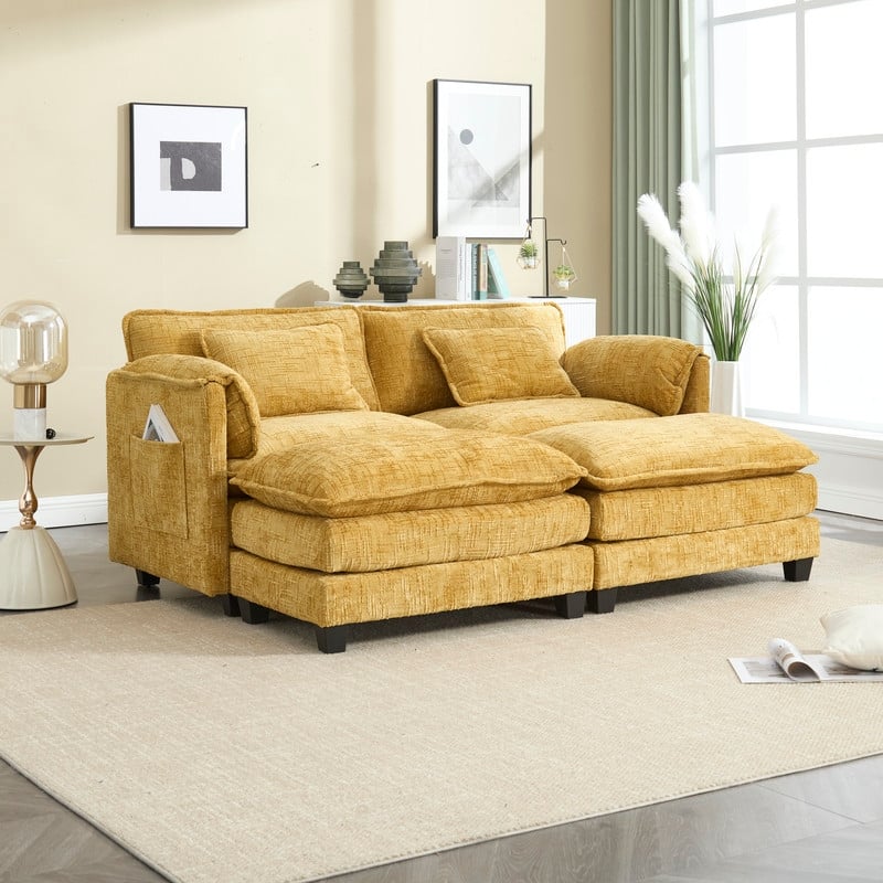 76.77" Chenille Upholstered Sofa with 2 Ottomans