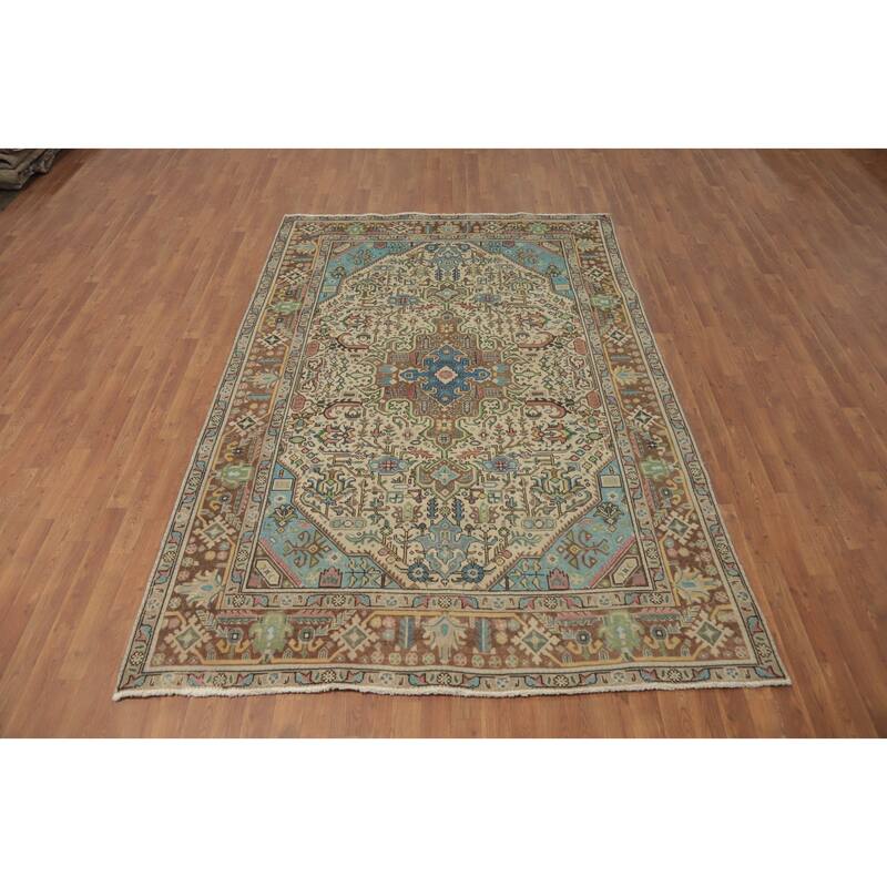 Hand Knotted Oriental 100% Wool Carpet Traditional Floral Beige & Ivories Tabriz Area Rug - 9' 3'' X 6' 4''