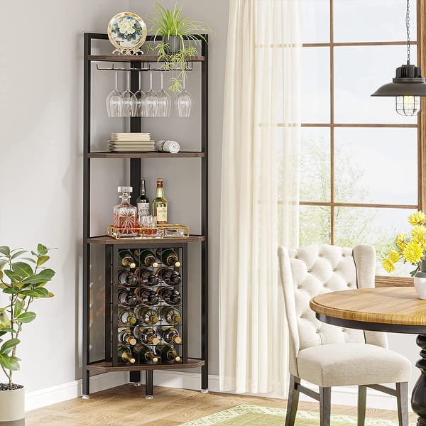 Industrial 4 Tier Corner Wine Rack with Glass Holder,Corner Bar On