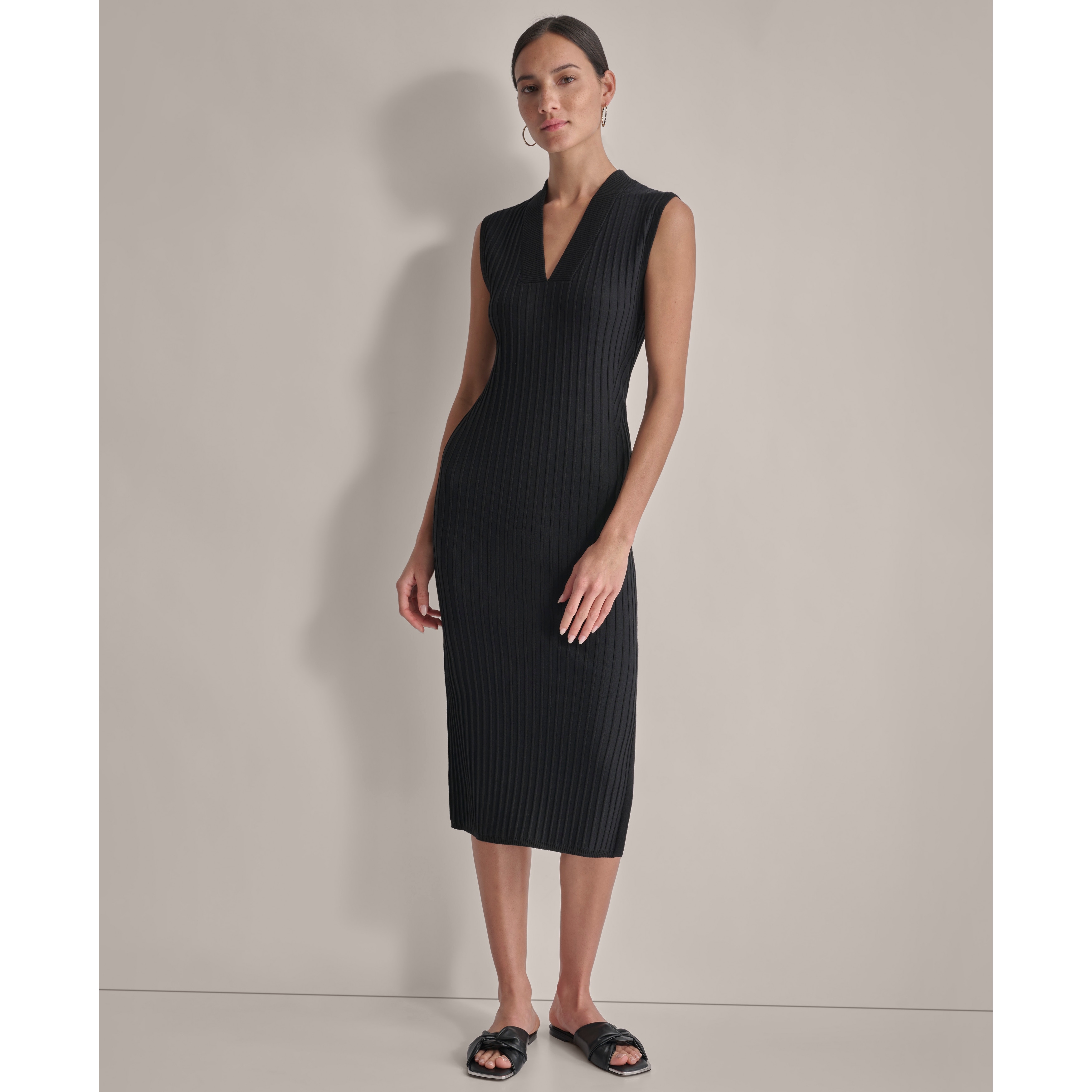 dkny dress women's Sleeveless Jewel Neck Side Knot Floral Midi - Black/Light City Khaki night wear DKNY Sleeveless Wide Rib Sweater