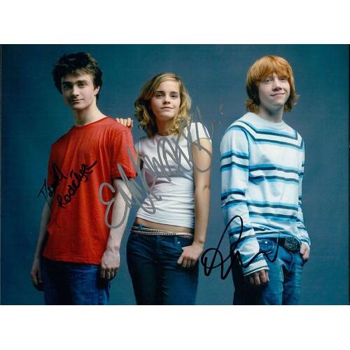 Signed Harry Potter Daniel Radcliffe Emma Watson Rupert Grint 8x10 Photo By Daniel Radcliffe Emma