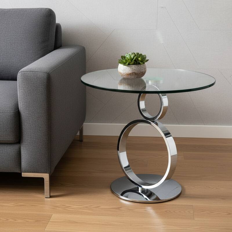 HomeRoots 21" Clear and Silver Glass and Metal Round Pedestal End Table - 24.00 in. x 21.00 in. x 24.00 in. - Clear - Glass