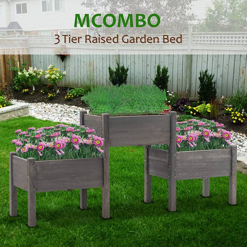 MCombo 3 Tier Raised Garden Bed, Solid Wood 0908