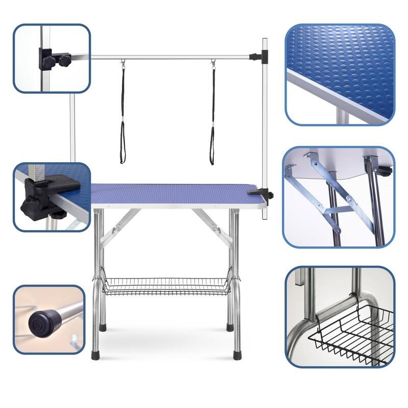 Heavy-Duty Portable Dog Grooming Table with Adjustable Arm, Noose, and Mesh Tray