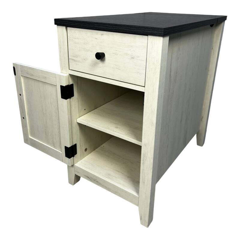 Farmhouse End Table Side Table with Charging Station, White Black Storage Cabinet File Cabinet with Drawer