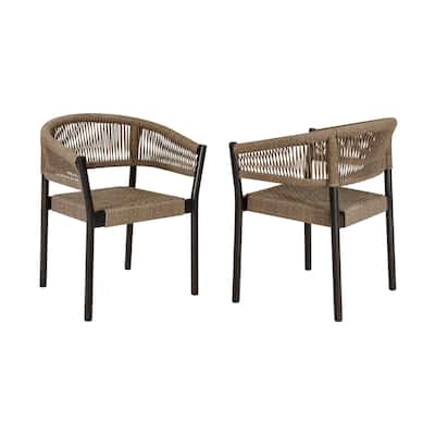 Roi Patio Dining Chair Set of 2, Truffle Rope Woven, Dark Eucalyptus Wood