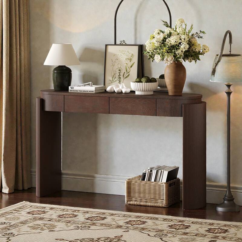 Oval Entryway Console Table with Natural Wood Grain, Fluted Leg Design and 2 Storage Drawers for Living Room or Hallway - Espresso