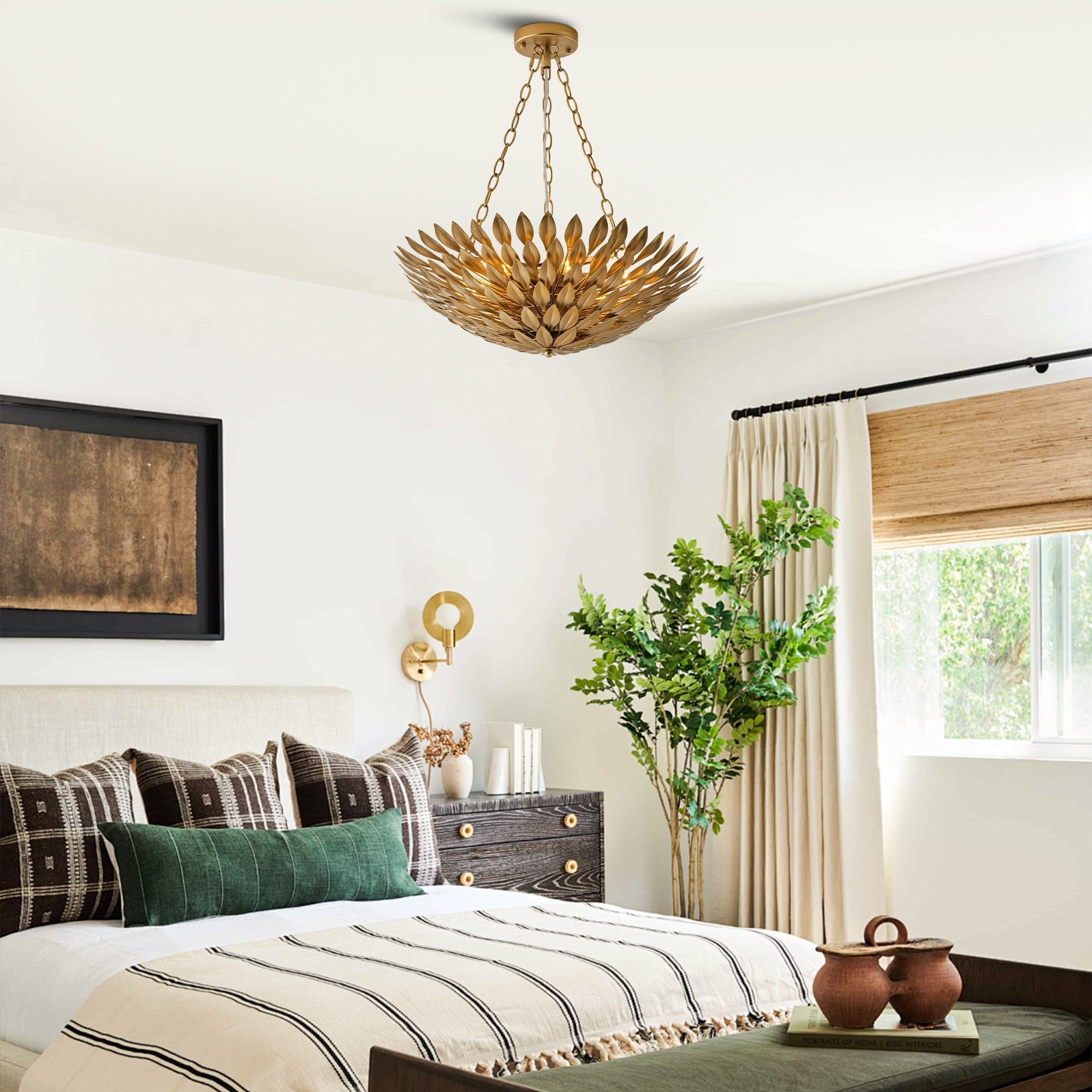 Antique Gold 6-Light Olive Leaf Convertible Chandelier Light