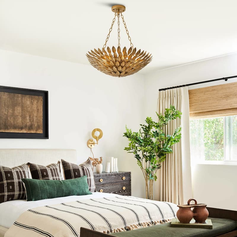 Antique Gold 6-Light Olive Leaf Convertible Chandelier Light - 22.05"Wx24.8"H