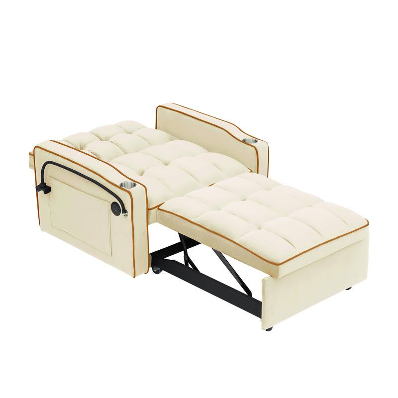 Single Velvet Pull-out Sofa Bed with Adjustable Back and Swivel Phone Stand