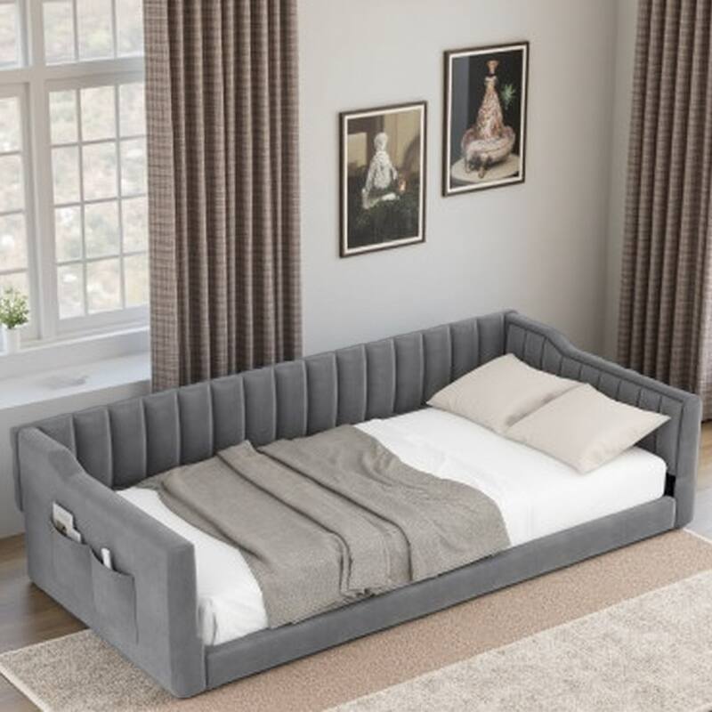Twin XL Velvet Upholstered Daybed with Side Storage Pocket, Sloped Arms, and No-Box Spring Support
