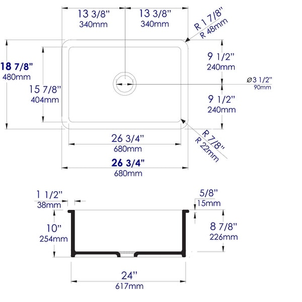 White 27" x 18" Fireclay Undermount / Drop In Firelcay Kitchen Sink