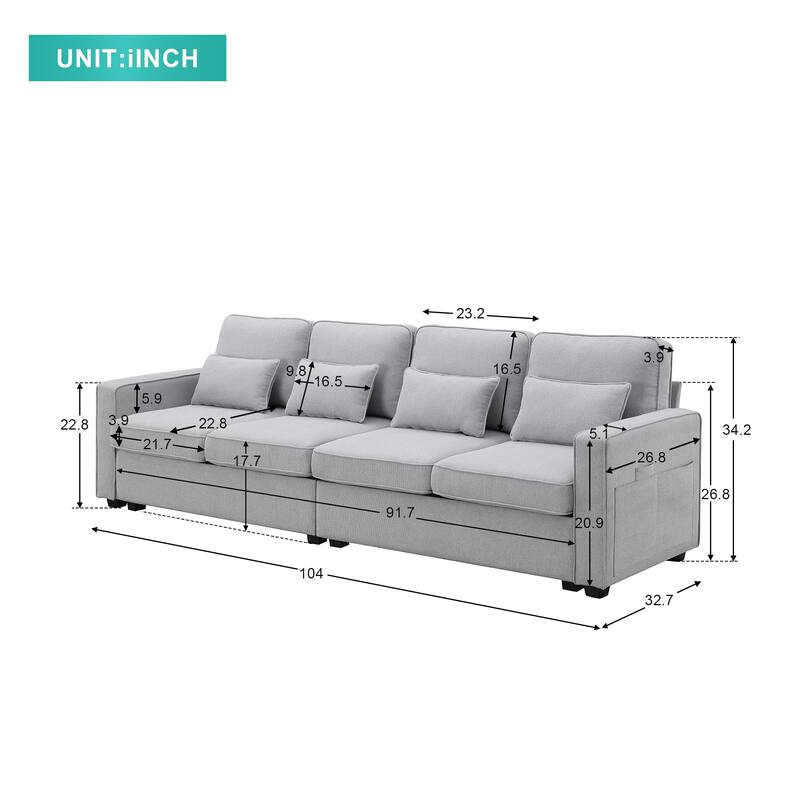 4-seat Linen Fabric Upholstered Sofa with Armrest Pockets & 4 Pillows