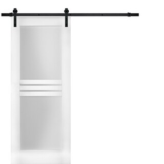 Modern Barn Door Opaque Glass 4 Lites / Mela 7222 White Silk / 6.6FT Rail Track Heavy Hardware Set / Solid Panel Interior Doors