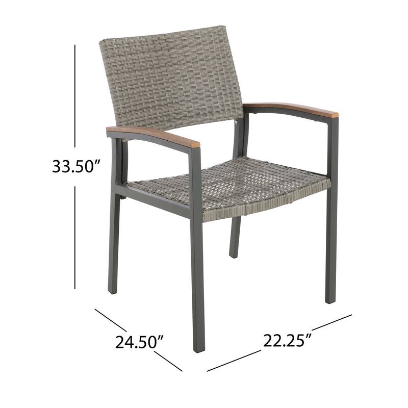 Outdoor Dining Chair Set of 2, Mesh Seat, Gray Rattan and Brown Faux Wood