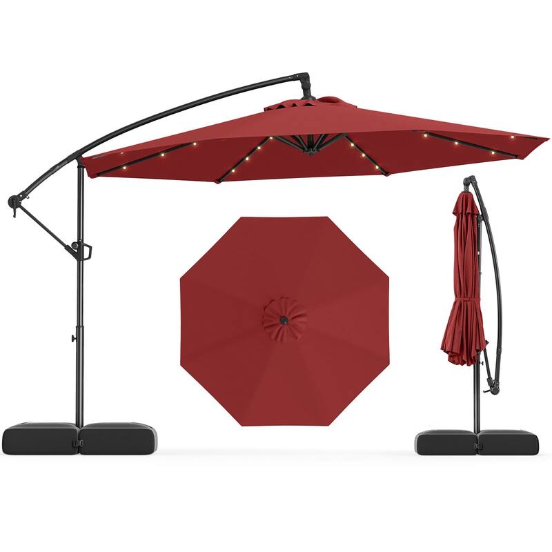 Large 10 Feet Patio Offset Umbrella with Stable Crossed Base and Solar LED Lights for Outdoor
