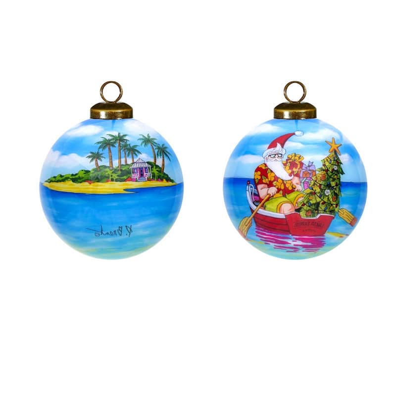Rowing Santa Express Hand Painted Mouth Blown Glass Ornament - 3" x 3" x 3"