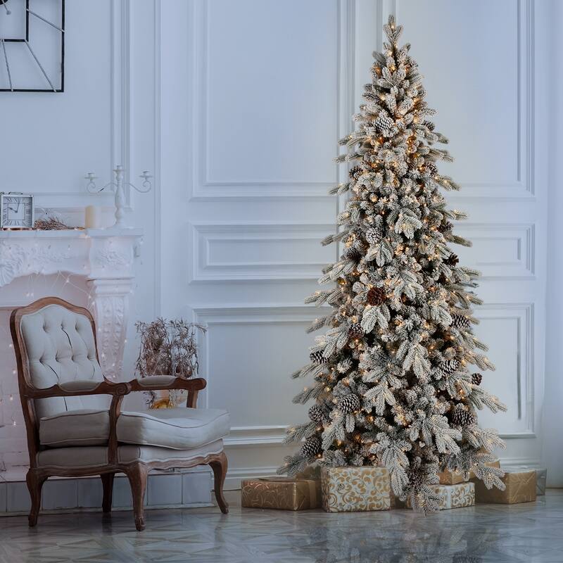 9FT Flocked PE/PVC Christmas Tree with 1250 Warm White LED Lights-2138 Tips, 52 Natural Pine Cones, Snowy Effect - White+Green