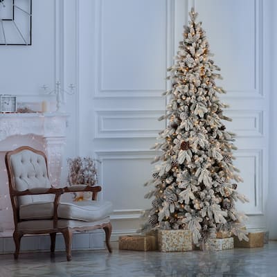 9FT Flocked PE/PVC Christmas Tree with 1250 Warm White LED Lights-2138 Tips, 52 Natural Pine Cones, Snowy Effect