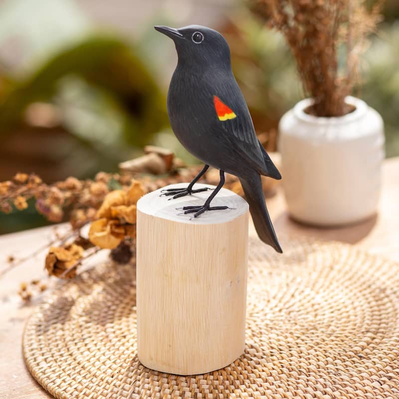 Novica Handmade The Red-Winged Blackbird Wood Statuette