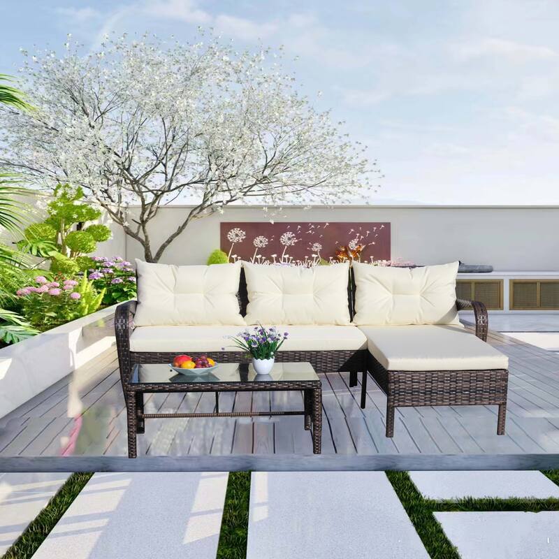 Brown 3-Piece Outdoor Wicker Sectional Sofa Set