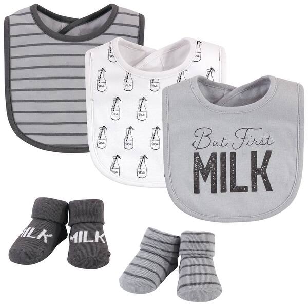 slide 1 of 1, Hudson Baby Infant Cotton Bib and Sock Set 5pk, But First Milk, One Size - But First Milk - One Size One Size - But First Milk