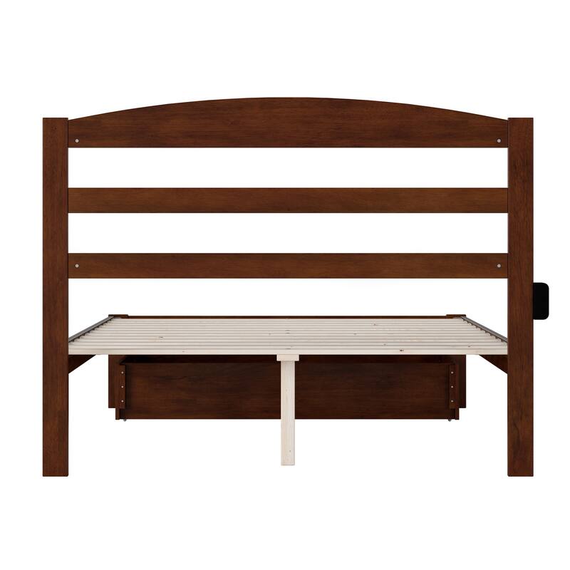 Full Size Bed with Drawer - HomeStock Walnut Wood Platform Bed Frame - Traditional Design - Slat Support - 76"L x 53.5"W