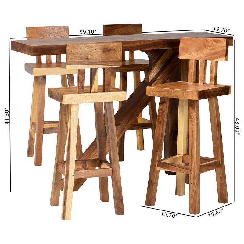 Luli 5-Piece Suar Wood Bar Table Set - Modern Bar-Height with Sculptural Table, Handcrafted Natural Wood Furniture for Kitchen