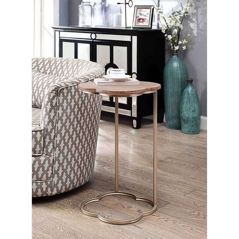C-Shaped Quatrefoil Metal End Table, Natural Wood (Set of 2)