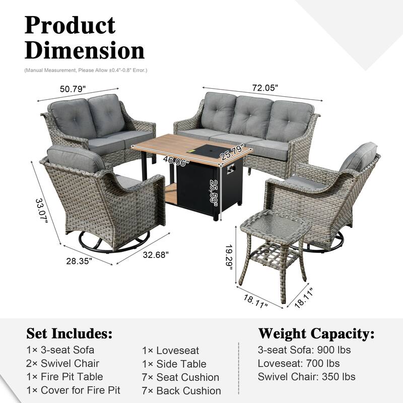 XIZZI 6-piece Outdoor High-back Furniture Swivel Chair Set with Fire Pit