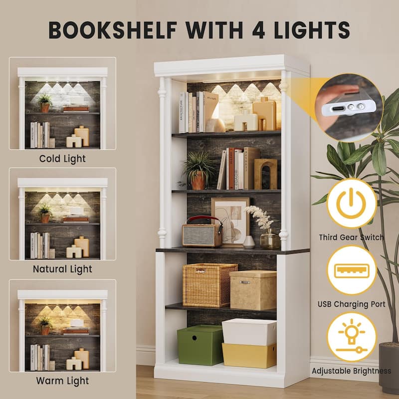 5-Tier Tall Adjustable Bookcase, Roman Column Bookshelf with Led Light Freestanding