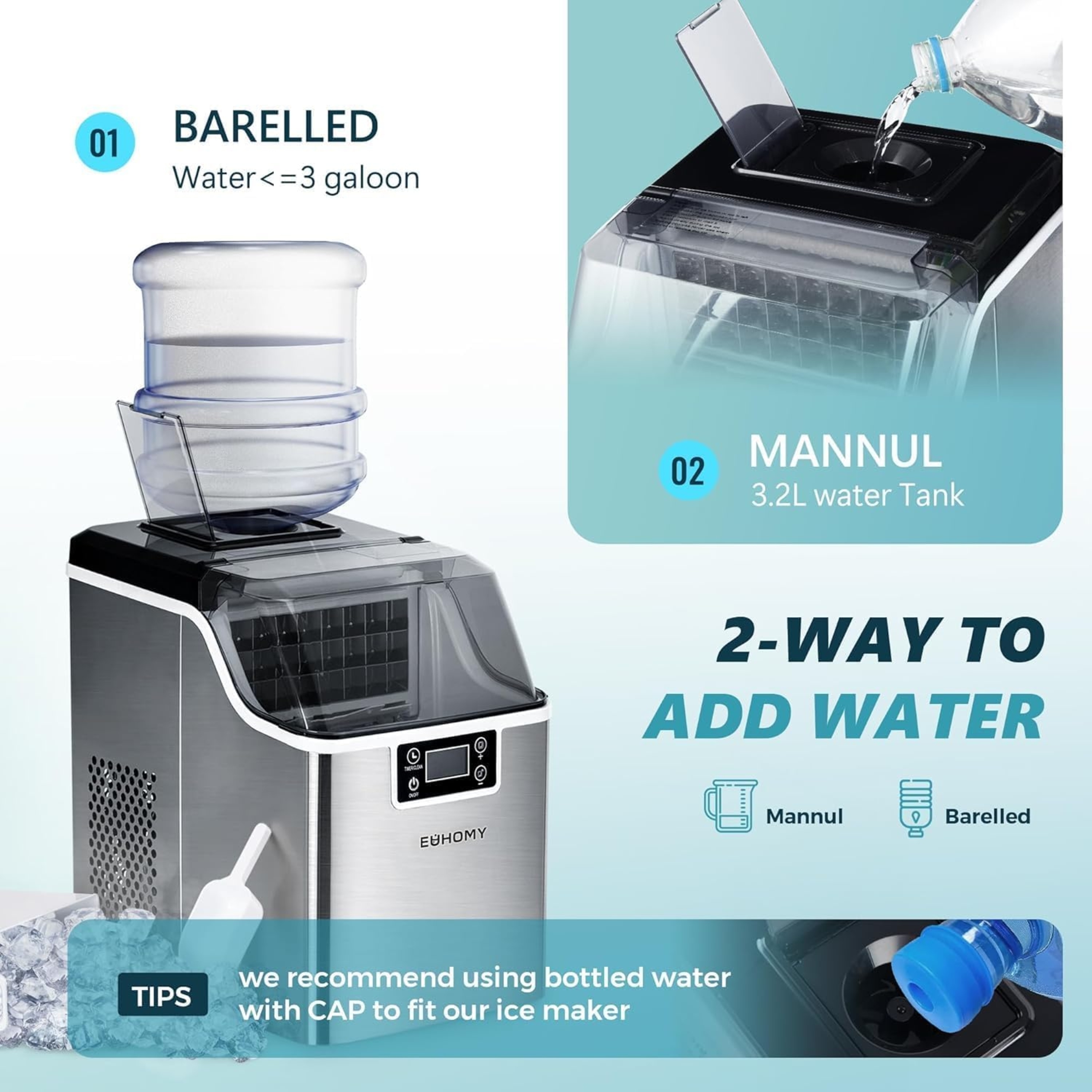 Euhomy 製氷機 IM004-CSI-JPEH Euhomy IM004CSI Silver Countertop Portable Cube Ice Maker - Bed