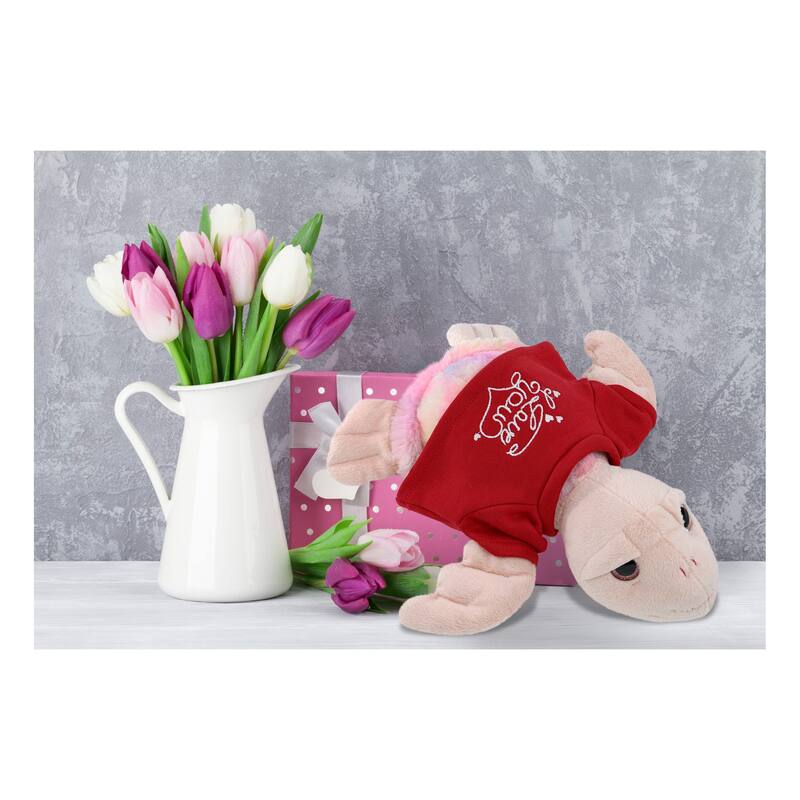 DolliBu I LOVE YOU Rainbow Pink Sea Turtle Plush with Red Shirt - 10 inches
