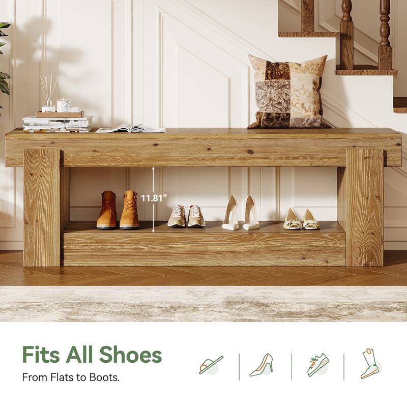 63 Inch Solid Wood Entryway Bench with Storage Shelves, 2-Tier Shoe Rack Bench, Farmhouse Storage Bench For Bedroom End of Bed