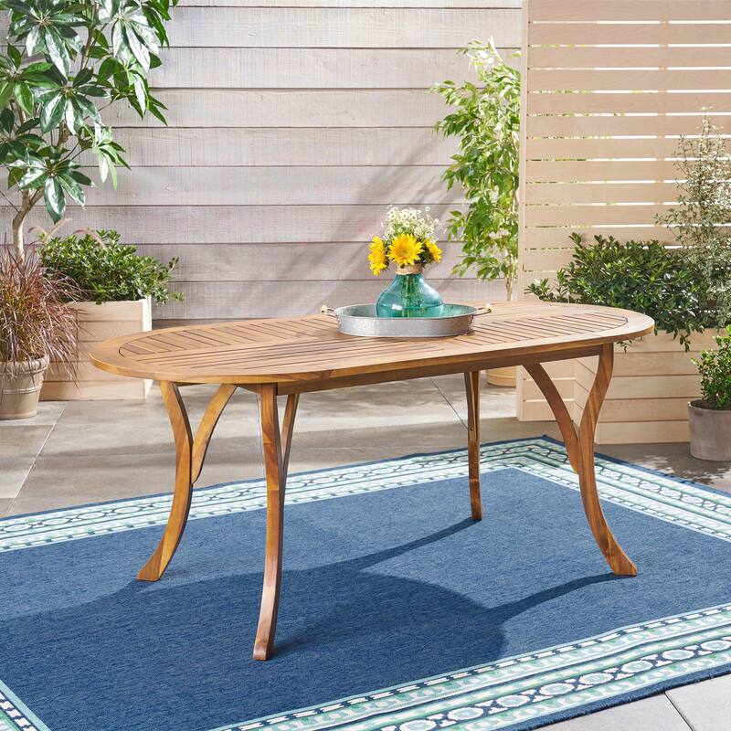 Acacia Wood Dining Table 70 Inch Oval Top Gray Finish Outdoor Patio
