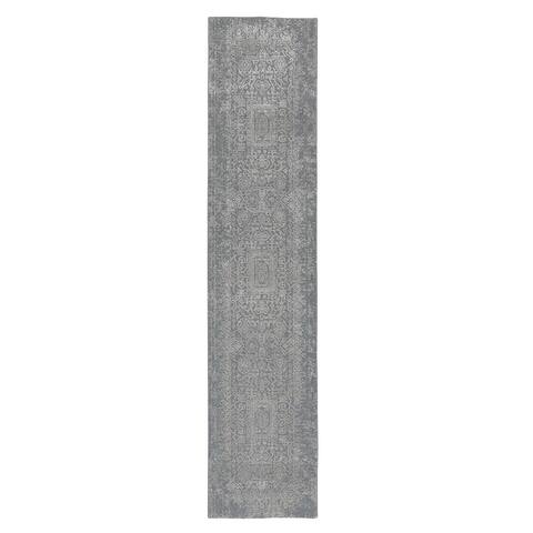 Shahbanu Rugs Gray Fine jacquard Hand Loomed Modern Wool And Art Silk Runner Oriental Rug (2'5" x 12'1") - 2'5" x 12'1"