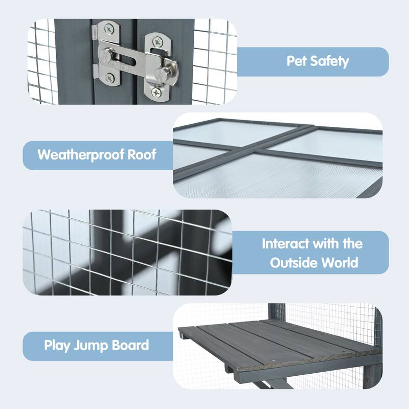 Outdoor Cat Catio Enclosure with Double Enter Doors & Climbing shelves, Weatherproof Pine Wood Playground with 7 Wood Boxes