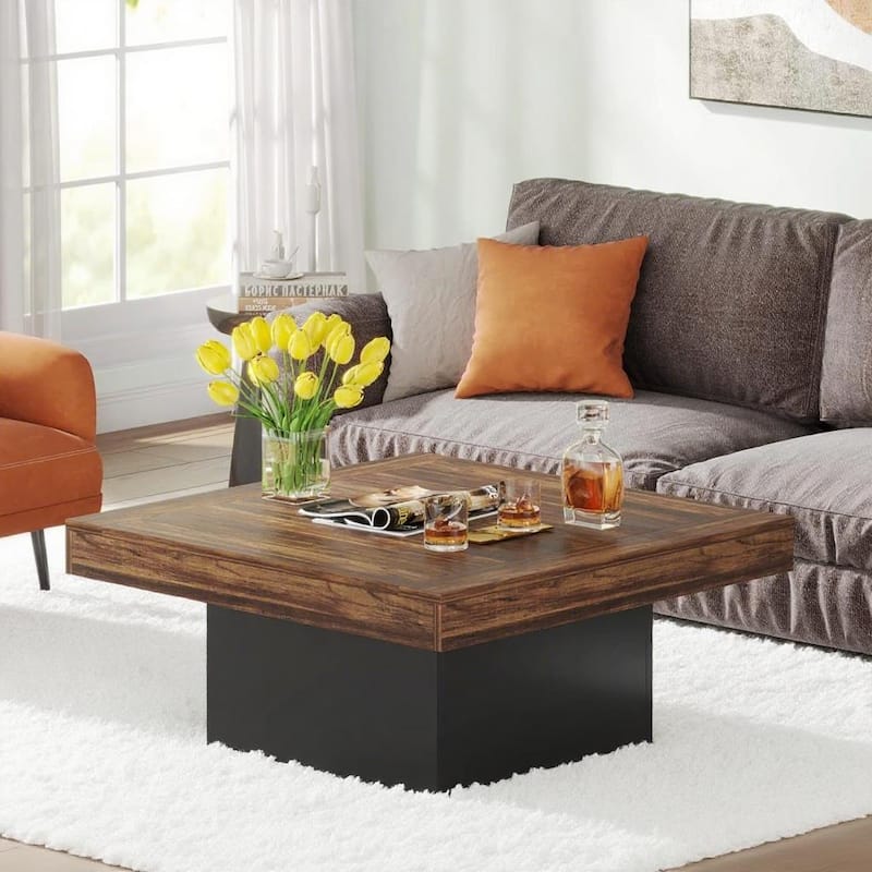 35.4” Square Rustic Wooden Coffee Table with LED Light for Living Room or Bedroom Furniture - 35.4”L x 35.4”W x 17.7”H