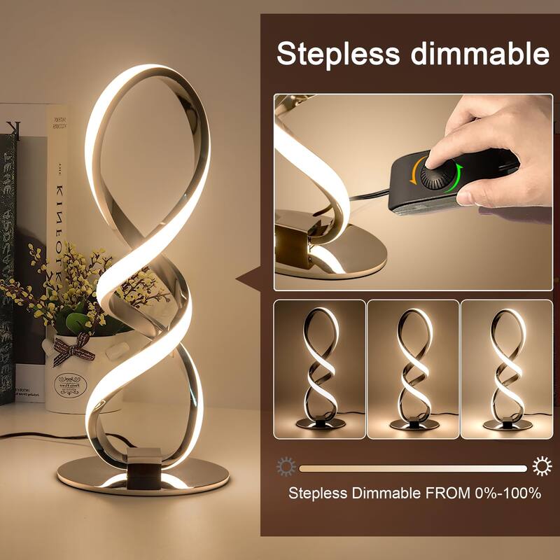LED Modern Table Lamp, Small Unique Bedside Spiral Lamp Stepless Dimmable Silver Nightstand 12W, 3200K Warm White Desk Lamp